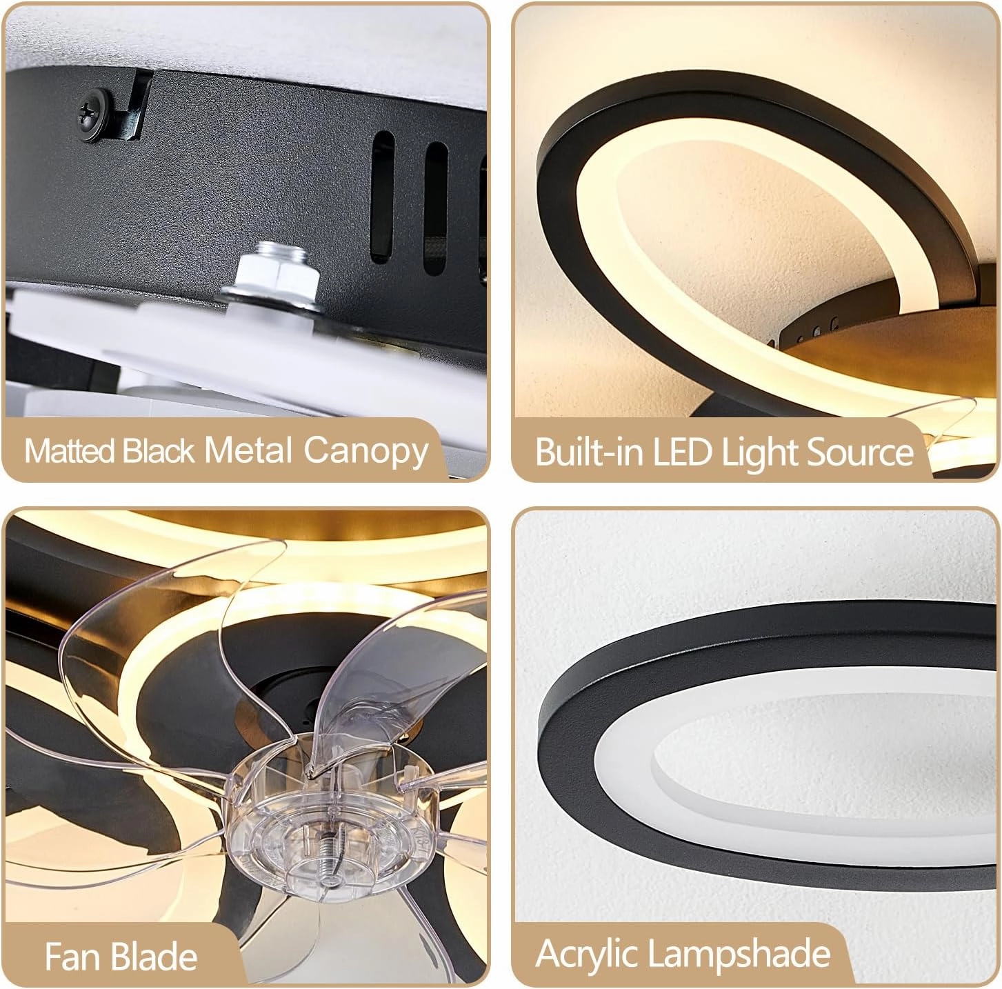 Black-Star ring Ceiling Fans with Lights and Remote, 27 Inch Modern Low Profile Flush Mount Ceiling Fan, Dimmable LED Ceiling Light Fixture, Small Ceiling Fans for Bedroom, Kitchen, Indoor-Black