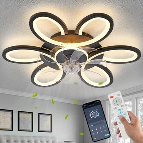 Black-Star ring Ceiling Fans with Lights and Remote, 27 Inch Modern Low Profile Flush Mount Ceiling Fan, Dimmable LED Ceiling Light Fixture, Small Ceiling Fans for Bedroom, Kitchen, Indoor-Black App-controlled remote fan for convenience