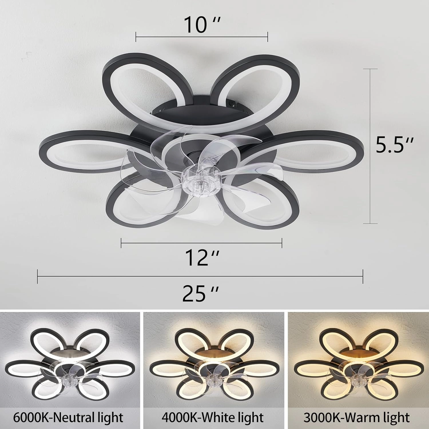 Black-Star ring Ceiling Fans with Lights and Remote, 27 Inch Modern Low Profile Flush Mount Ceiling Fan, Dimmable LED Ceiling Light Fixture, Small Ceiling Fans for Bedroom, Kitchen, Indoor-Black