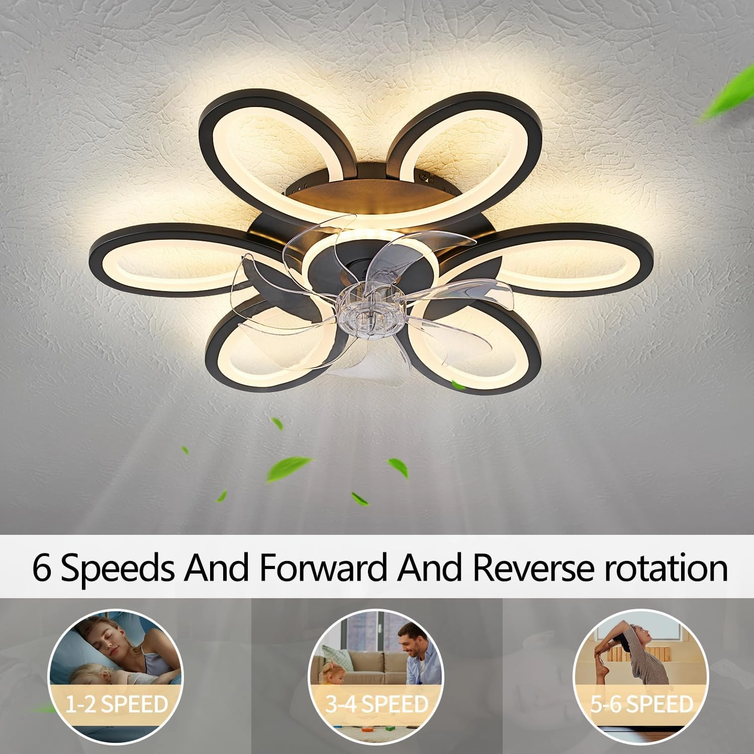 Black-Star ring Ceiling Fans with Lights and Remote, 27 Inch Modern Low Profile Flush Mount Ceiling Fan, Dimmable LED Ceiling Light Fixture, Small Ceiling Fans for Bedroom, Kitchen, Indoor-Black