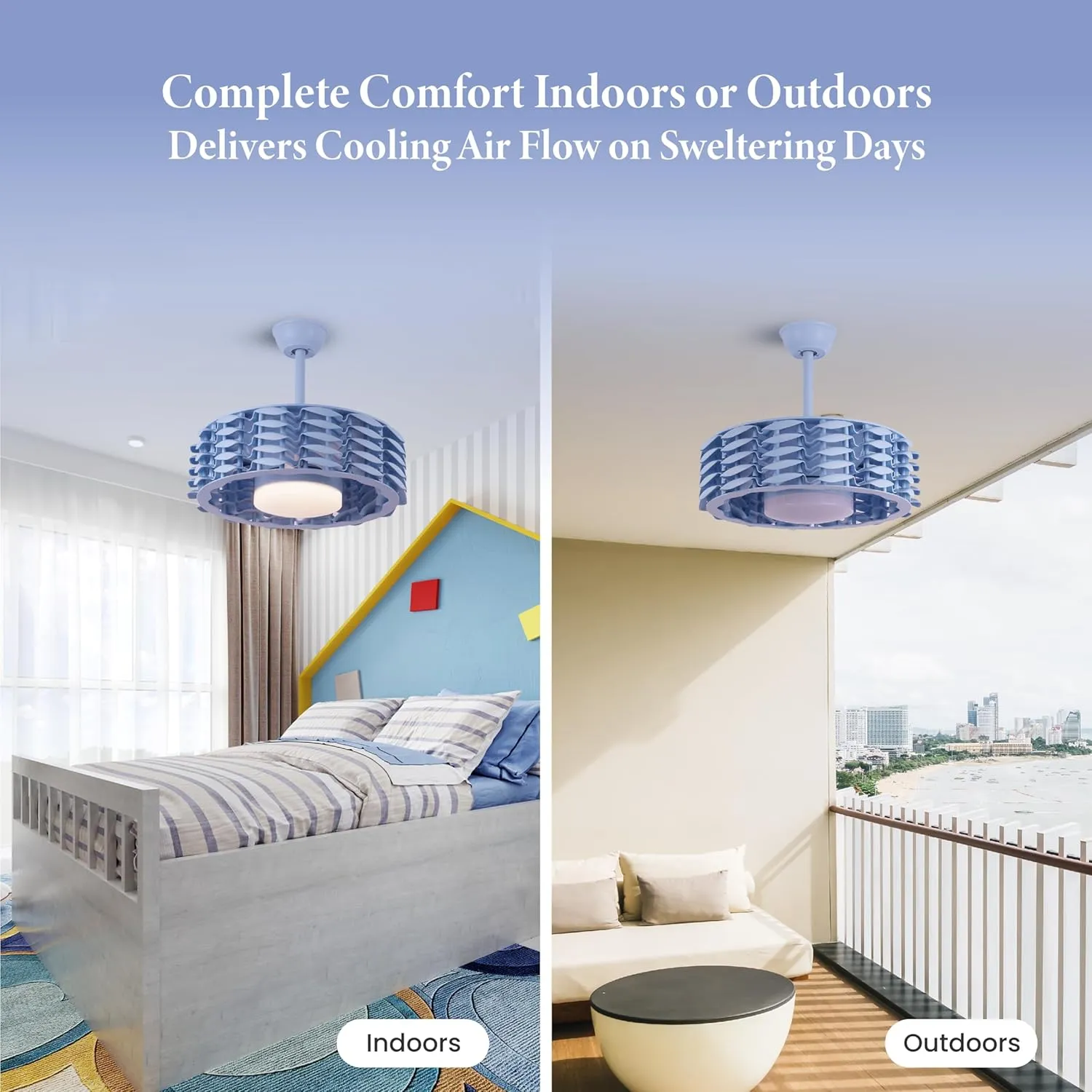 Bladeless Ceiling Fan with Lights & Remote  Oceano 23" Downrod or Flush Ceiling Fan with Lights & Remote for Kids Room & More  Low-Profile Fan, Dimmable LED, 6 Speeds, & Reverse (Blue)