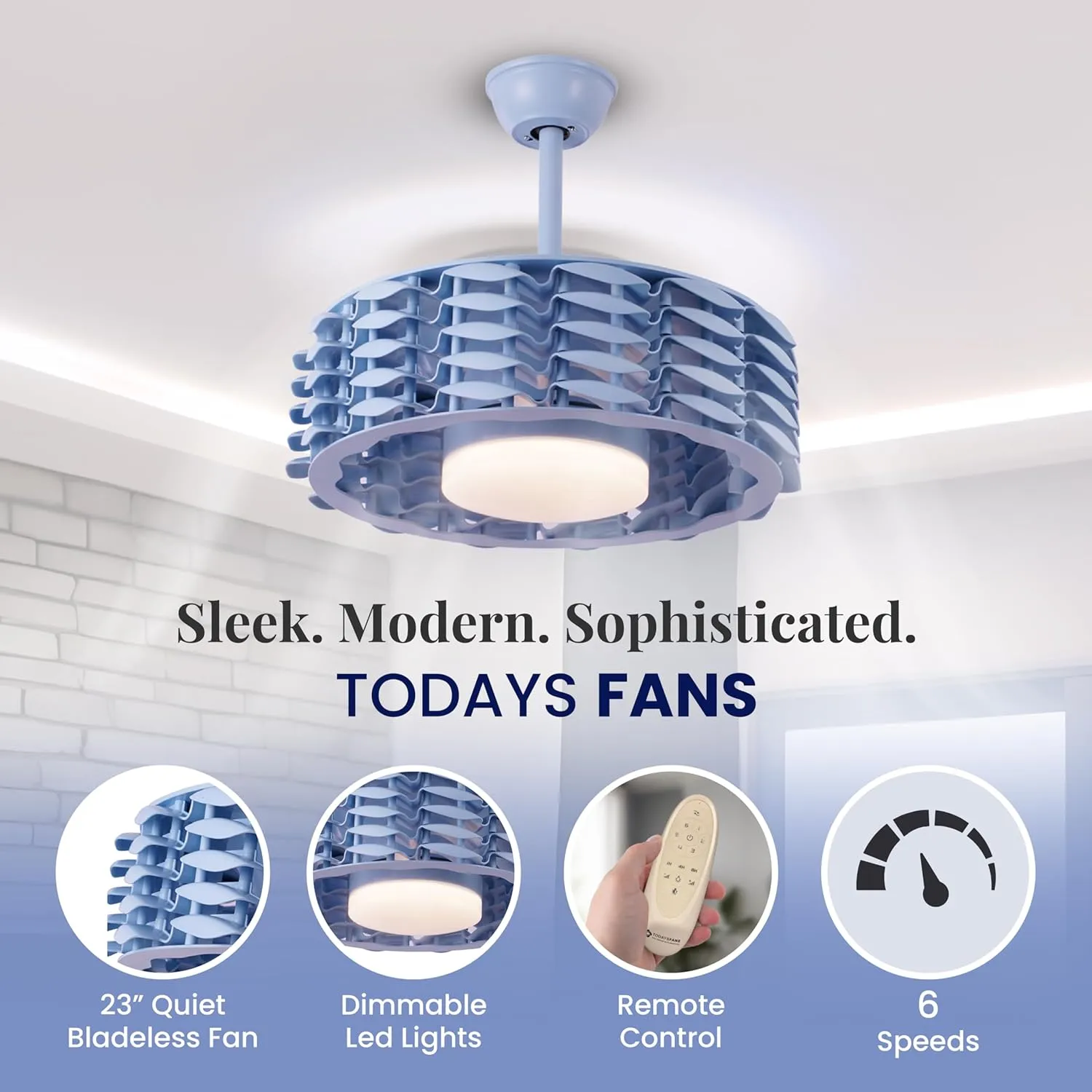 Bladeless Ceiling Fan with Lights & Remote  Oceano 23" Downrod or Flush Ceiling Fan with Lights & Remote for Kids Room & More  Low-Profile Fan, Dimmable LED, 6 Speeds, & Reverse (Blue)