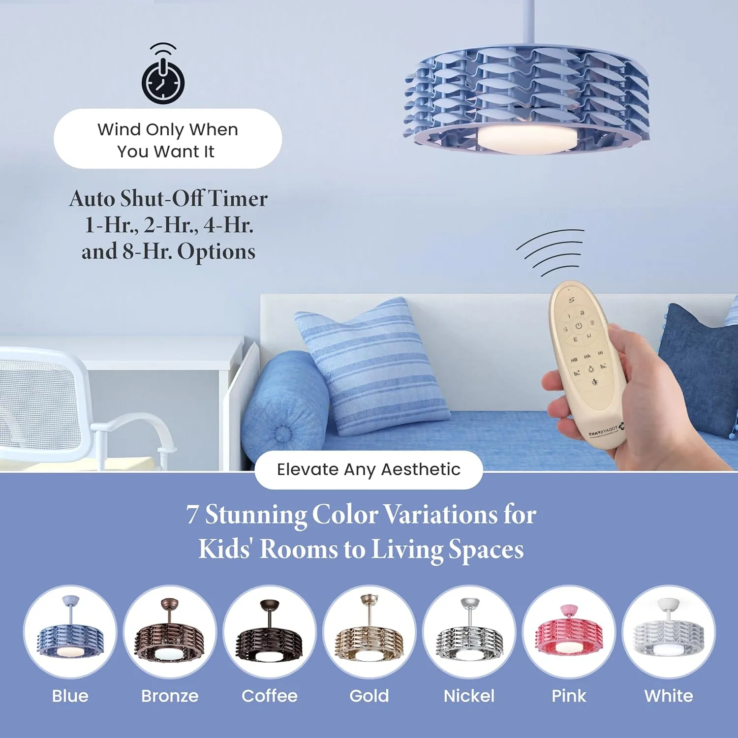 Bladeless Ceiling Fan with Lights & Remote  Oceano 23" Downrod or Flush Ceiling Fan with Lights & Remote for Kids Room & More  Low-Profile Fan, Dimmable LED, 6 Speeds, & Reverse (Blue)