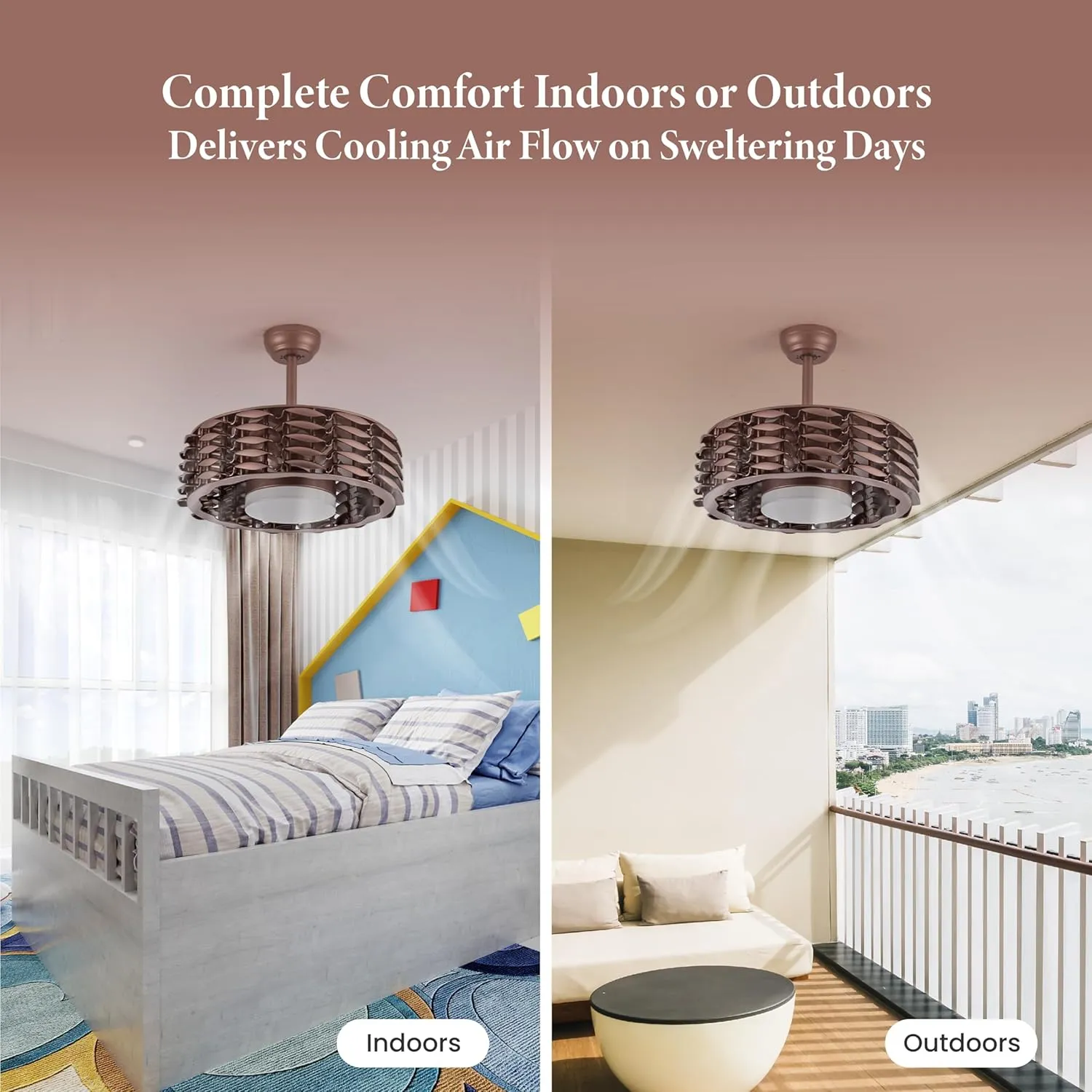 Bladeless Ceiling Fan with Lights & Remote  Oceano 23" Downrod or Flush Ceiling Fan with Lights & Remote for Kids Room& More  Low-Profile Fan, Dimmable LED, 6 Speeds, & Reverse (Bronze)