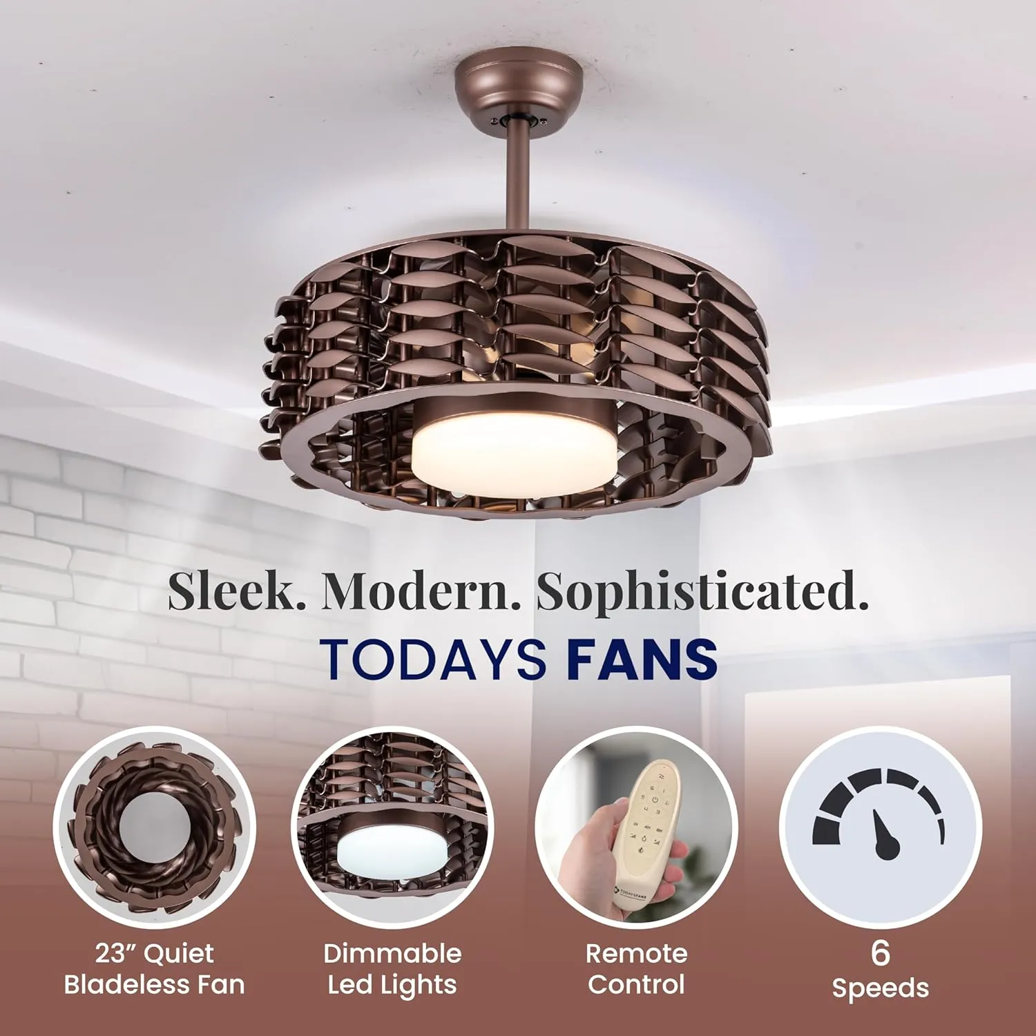 Bladeless Ceiling Fan with Lights & Remote  Oceano 23" Downrod or Flush Ceiling Fan with Lights & Remote for Kids Room& More  Low-Profile Fan, Dimmable LED, 6 Speeds, & Reverse (Bronze)