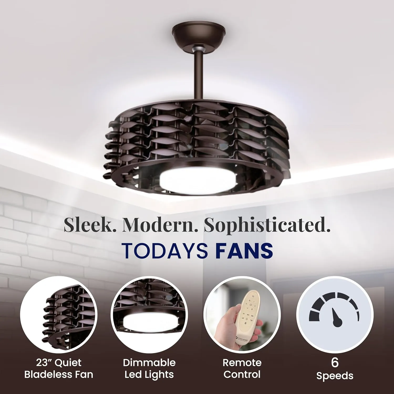 Bladeless Ceiling Fan with Lights & Remote  Oceano 23" Downrod or Flush Ceiling Fan with Lights & Remote for Kids Room& More  Low-Profile Fan, Dimmable LED, 6 Speeds, & Reverse (Coffee)