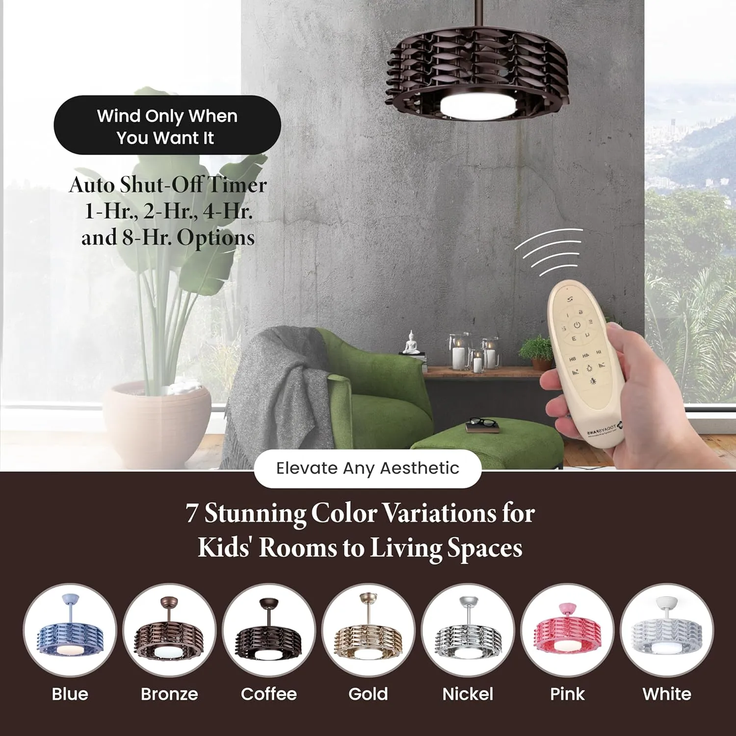 Bladeless Ceiling Fan with Lights & Remote  Oceano 23" Downrod or Flush Ceiling Fan with Lights & Remote for Kids Room& More  Low-Profile Fan, Dimmable LED, 6 Speeds, & Reverse (Coffee)