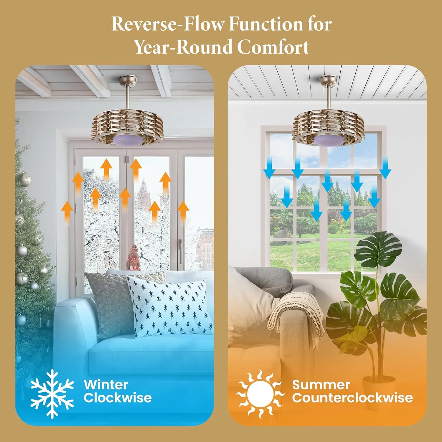 Bladeless Ceiling Fan with Lights & Remote  Oceano 23" Downrod or Flush Ceiling Fan with Lights & Remote for Kids Room& More  Low-Profile Fan, Dimmable LED, 6 Speeds, & Reverse (Gold)