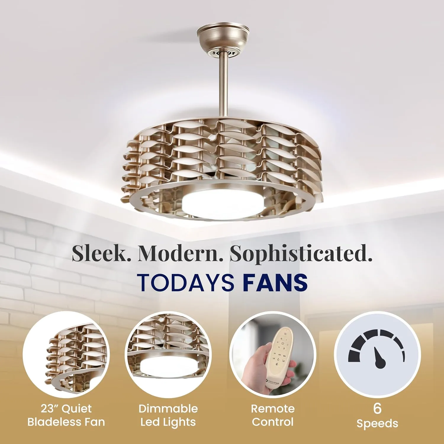 Bladeless Ceiling Fan with Lights & Remote  Oceano 23" Downrod or Flush Ceiling Fan with Lights & Remote for Kids Room& More  Low-Profile Fan, Dimmable LED, 6 Speeds, & Reverse (Gold)