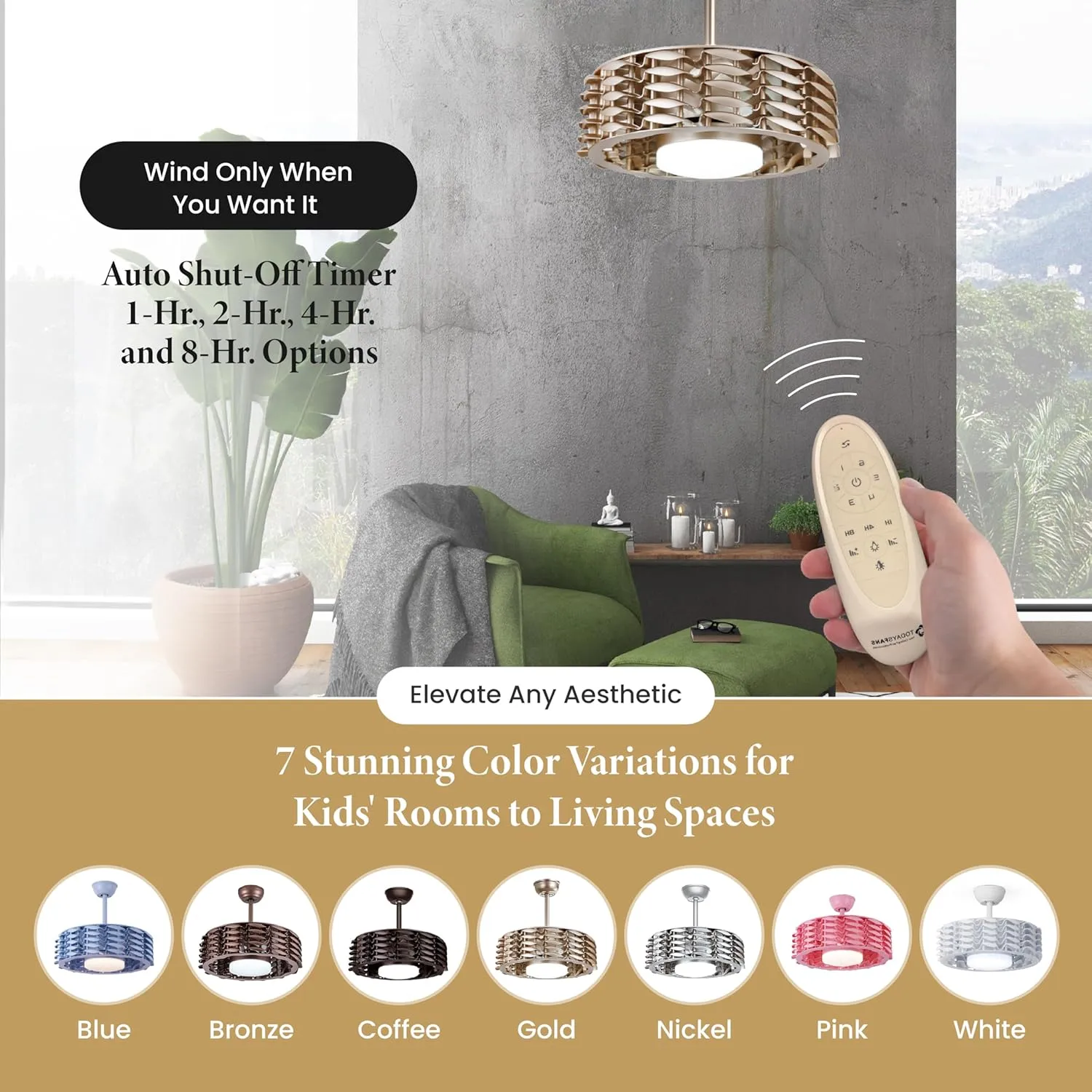 Bladeless Ceiling Fan with Lights & Remote  Oceano 23" Downrod or Flush Ceiling Fan with Lights & Remote for Kids Room& More  Low-Profile Fan, Dimmable LED, 6 Speeds, & Reverse (Gold)