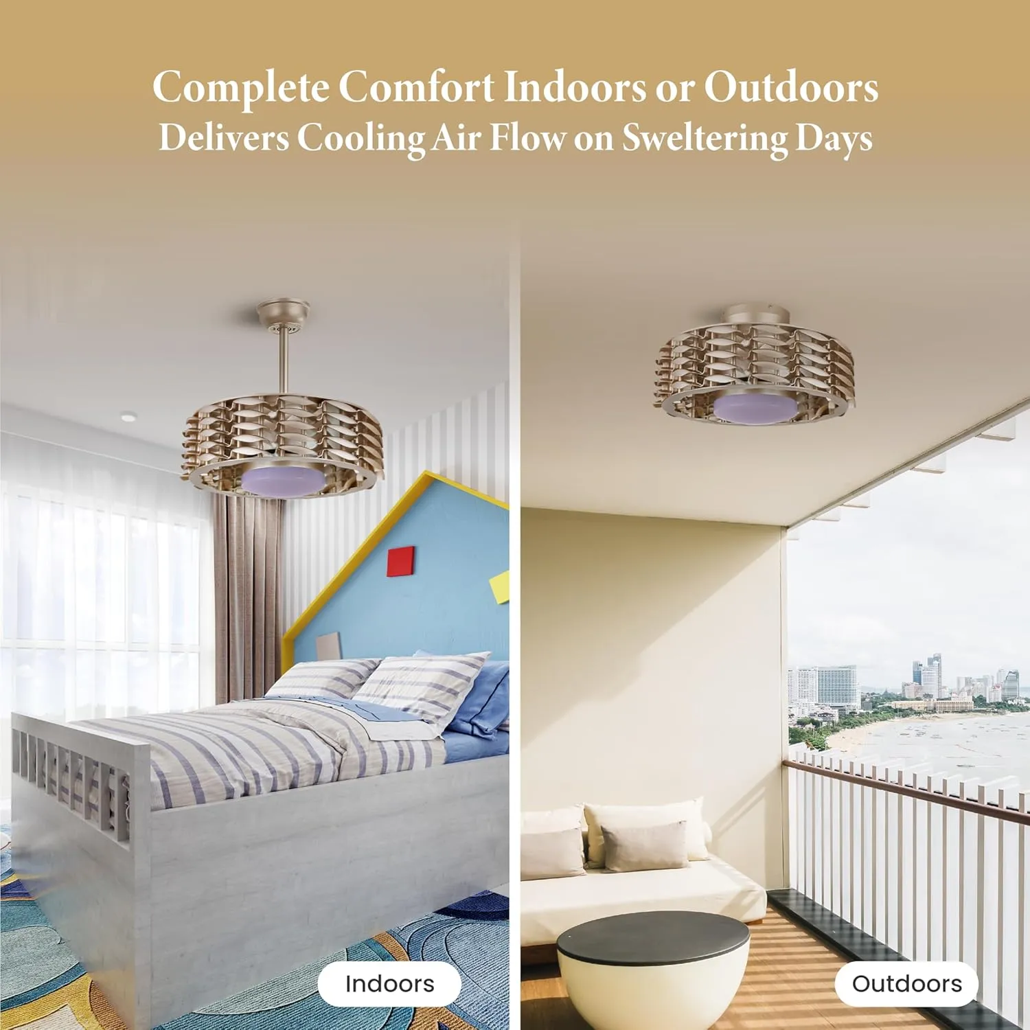 Bladeless Ceiling Fan with Lights & Remote  Oceano 23" Downrod or Flush Ceiling Fan with Lights & Remote for Kids Room& More  Low-Profile Fan, Dimmable LED, 6 Speeds, & Reverse (Gold)