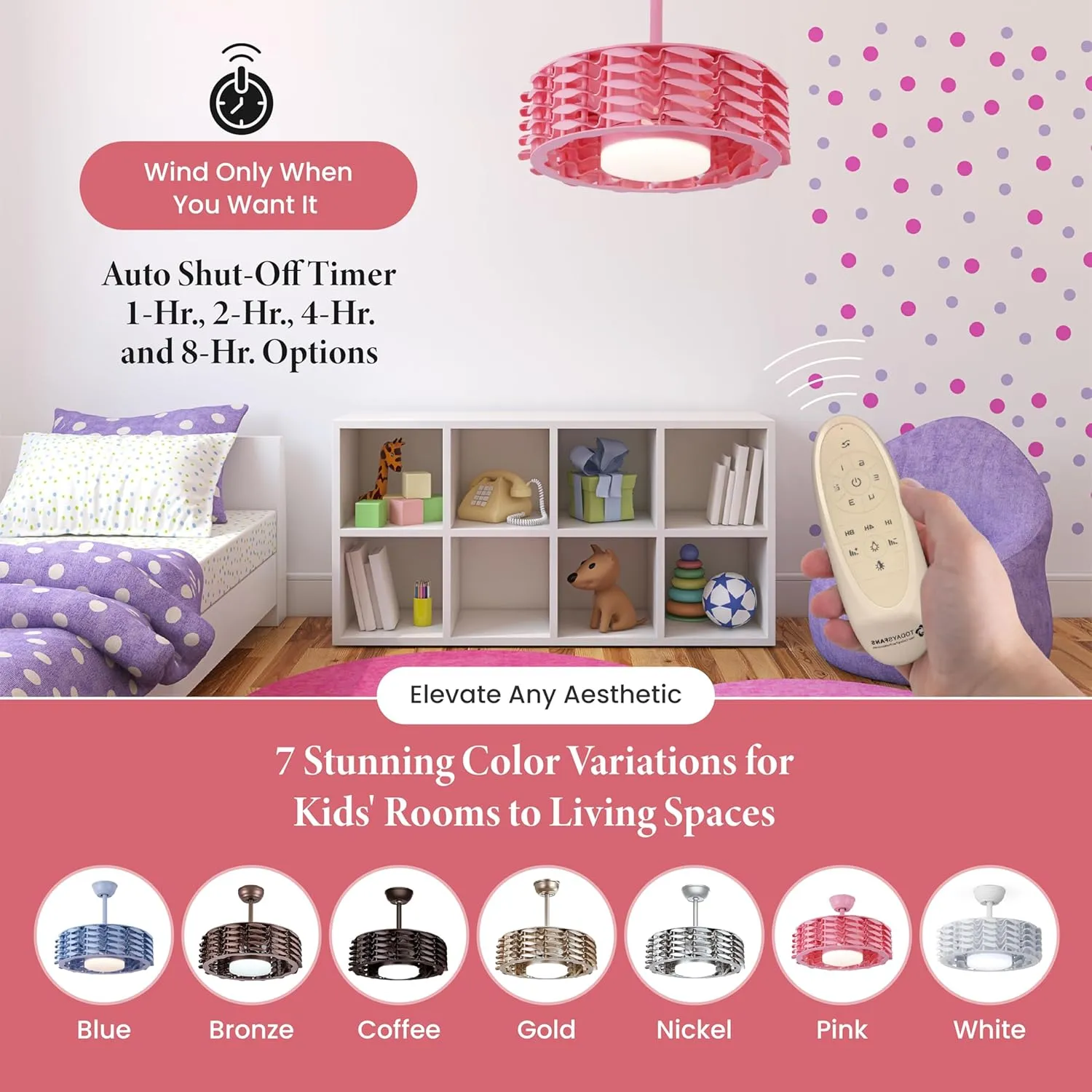 Bladeless Ceiling Fan with Lights & Remote  Oceano 23" Downrod or Flush Ceiling Fan with Lights & Remote for Kids Room& More  Low-Profile Fan, Dimmable LED, 6 Speeds, & Reverse (Pink)