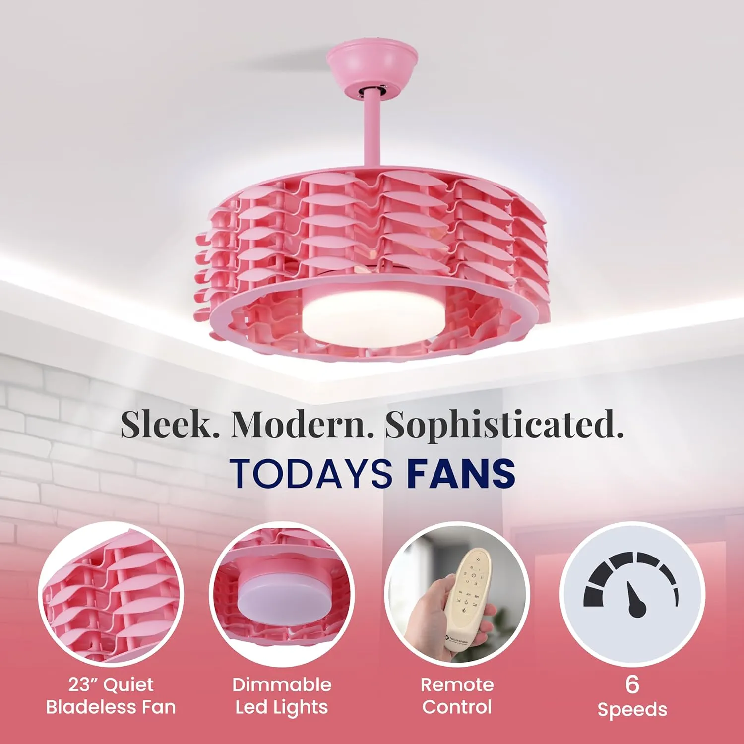 Bladeless Ceiling Fan with Lights & Remote  Oceano 23" Downrod or Flush Ceiling Fan with Lights & Remote for Kids Room& More  Low-Profile Fan, Dimmable LED, 6 Speeds, & Reverse (Pink)
