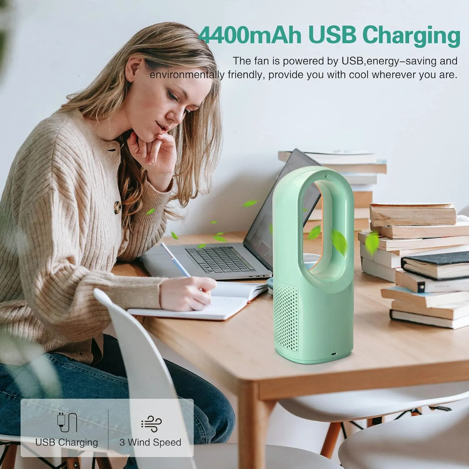 Bladeless Desk Fan, 11.8 Inch Portable Small Fan Quiet Table Fan Rechargeable Portable Fan, with 3 Wind Speeds for Bedroom, Kithchen,Home, Office, Outdoor (Green)