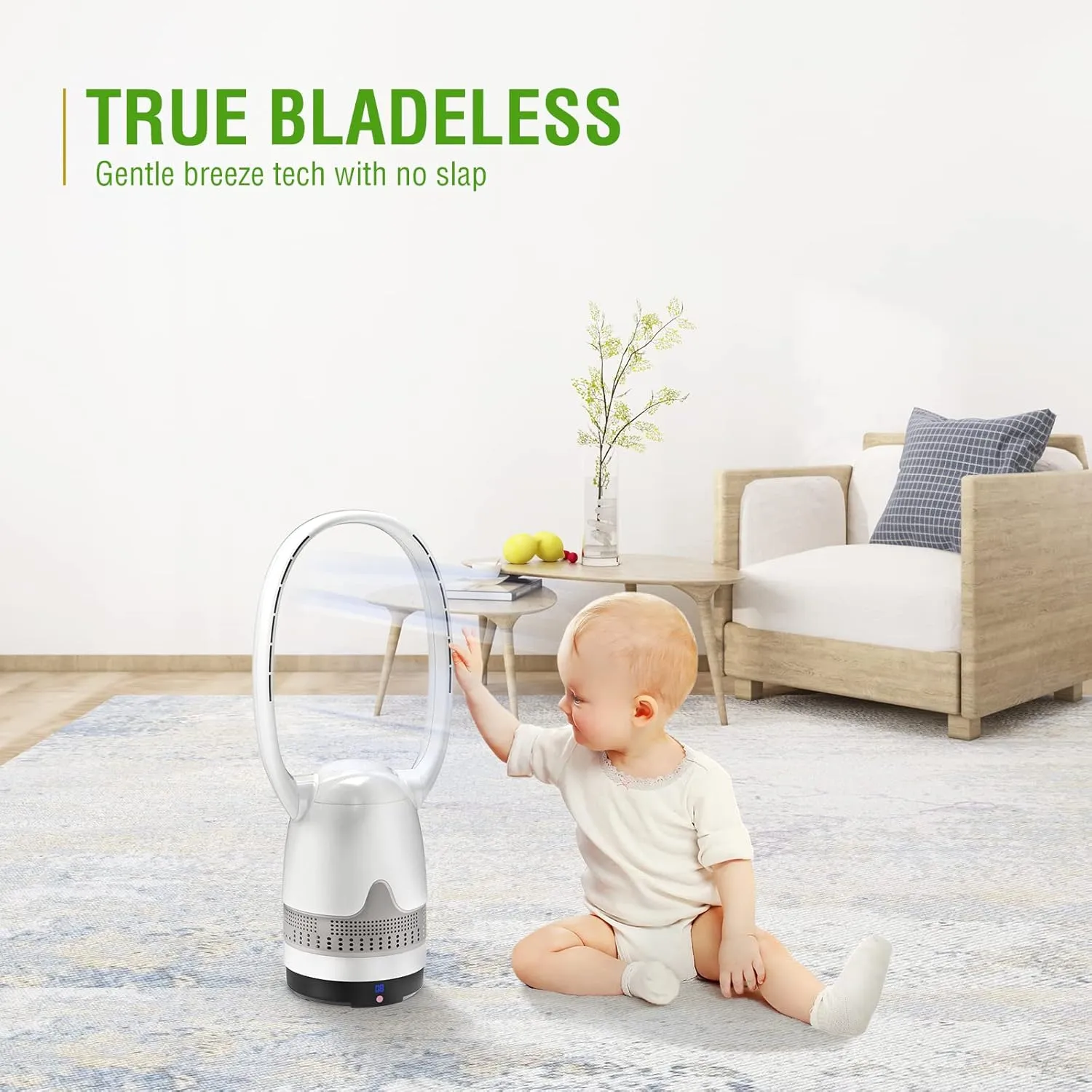 Bladeless Fan and Air Purifier Combo 26-Inch, HEPA-Filter, 8-Speed, 120 Oscillating, Remote Control, 8H Sleep Timer, White (MT1004)