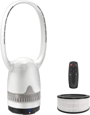 Bladeless Fan and Air Purifier Combo 26-Inch, HEPA-Filter, 8-Speed, 120 Oscillating, Remote Control, 8H Sleep Timer, White (MT1004) Tower bladeless fan for modern homes
