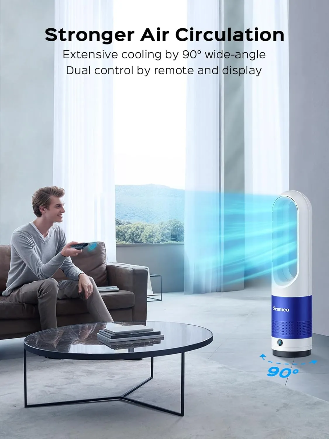 Bladeless Fan for Bedroom, 22" Quiet Tower Fan with Remote, 90 Oscillating Fan for Indoors with 8 Speeds, 9H Timer, LED Display, Easy to Clean, Portable Standing Fan for Home, Office