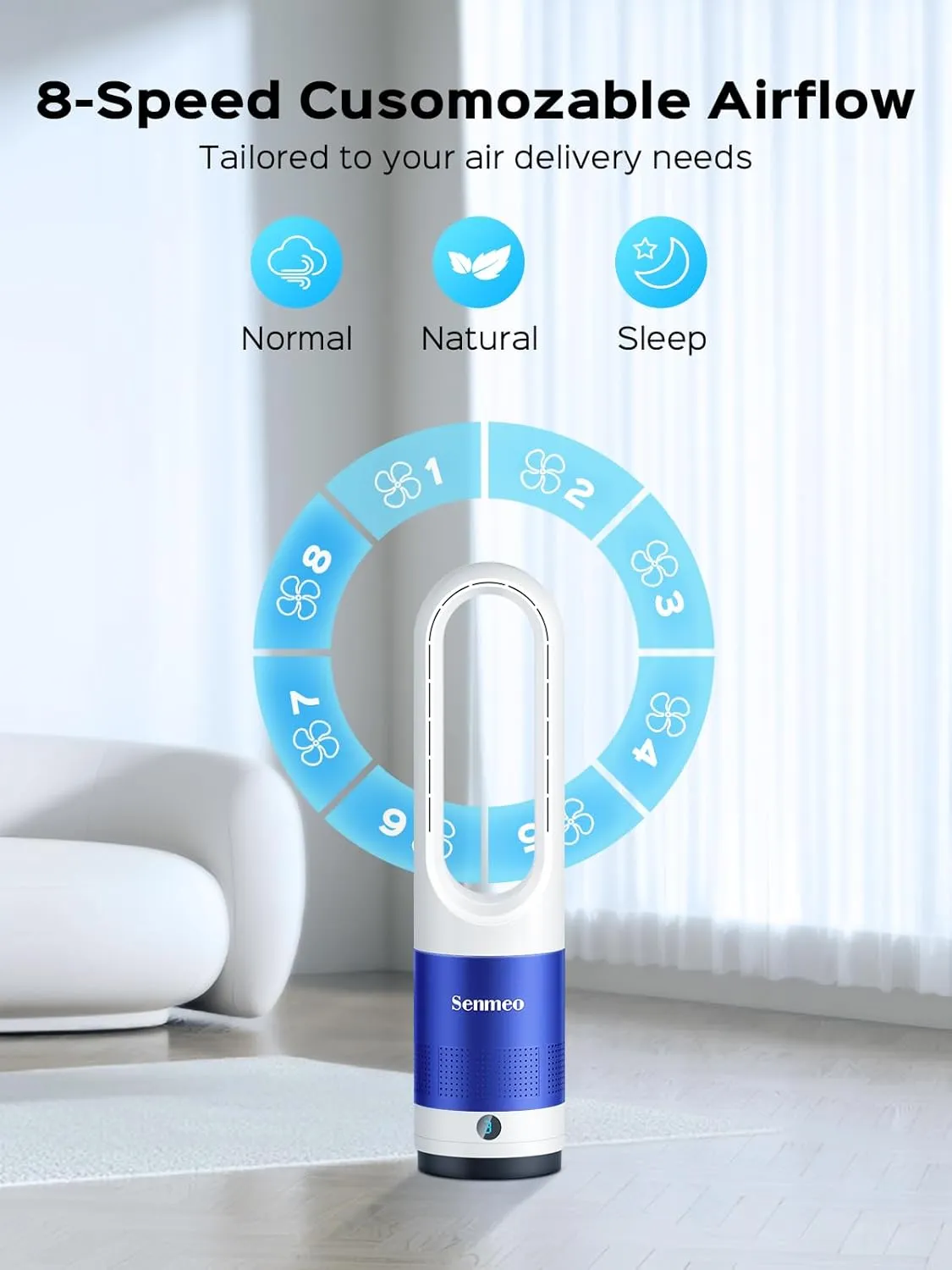 Bladeless Fan for Bedroom, 22" Quiet Tower Fan with Remote, 90 Oscillating Fan for Indoors with 8 Speeds, 9H Timer, LED Display, Easy to Clean, Portable Standing Fan for Home, Office