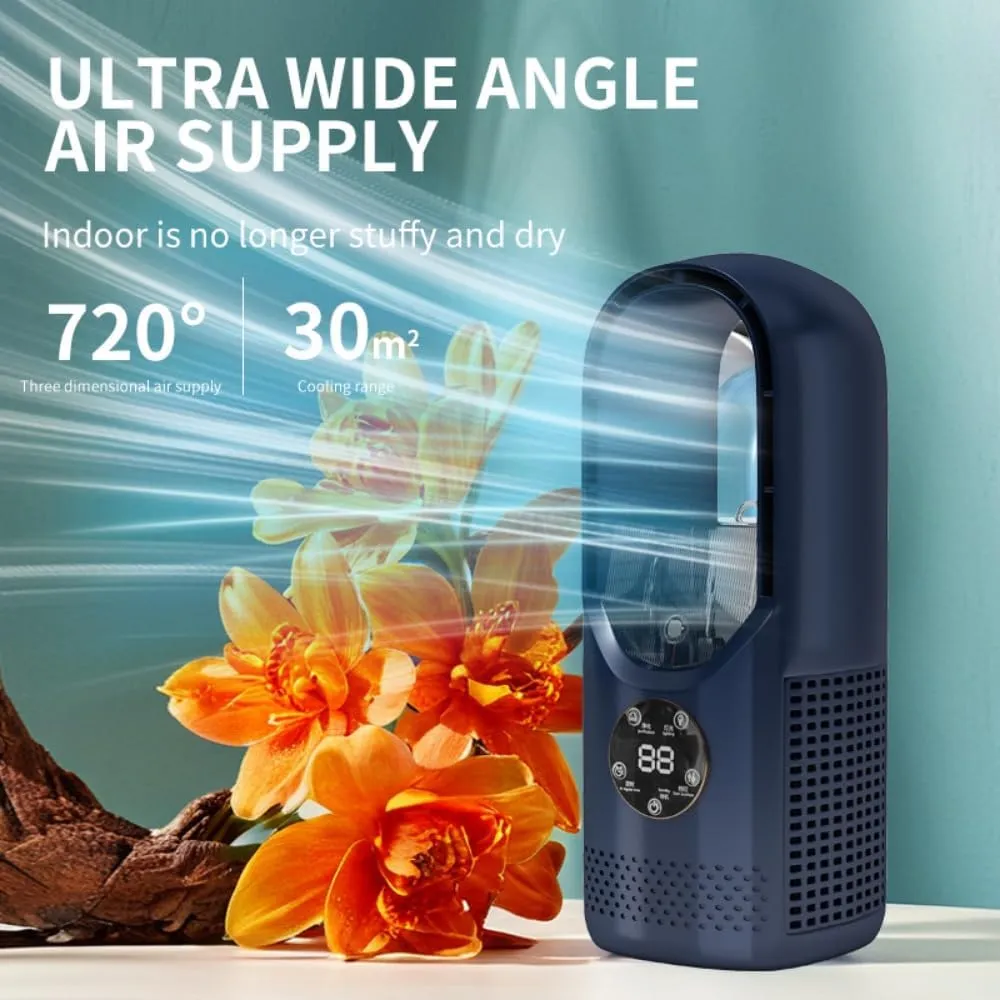 Bladeless Fan with Humidifier and RGB Lights, USB Powered Desk Fan, 6-Speed Quiet Personal Cooling Fan for Office Home Bedroom, No Blades Design Safer than Traditional Fans (Blue)