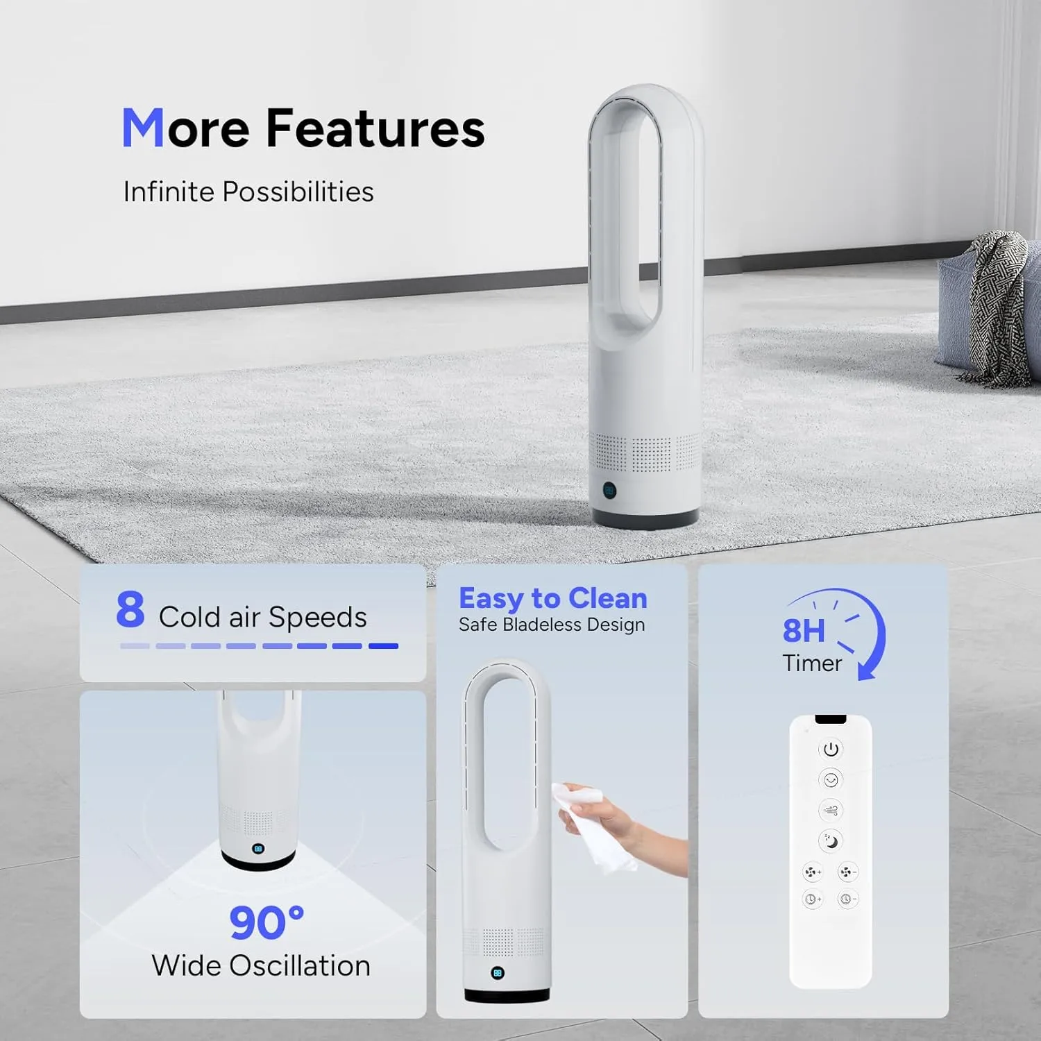 Bladeless Fan,22Inch Cooling Tower Fan 80 Oscillating with Remote, 9H Timer, 8 Speeds, Portable Quiet Cooling Fan for Indoor, Bedroom, Home Office Room(White)