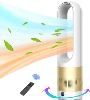 Bladeless Heater and Fan Combo, 1400 Watt Heater Fan and 40 Watt Cold Fan, 80 Oscillating Fan, All the Season Use, Remote and Touch Control, Floor Tower fan, Office Room, Bedroom, Silver Gold Tower bladeless fan for modern homes