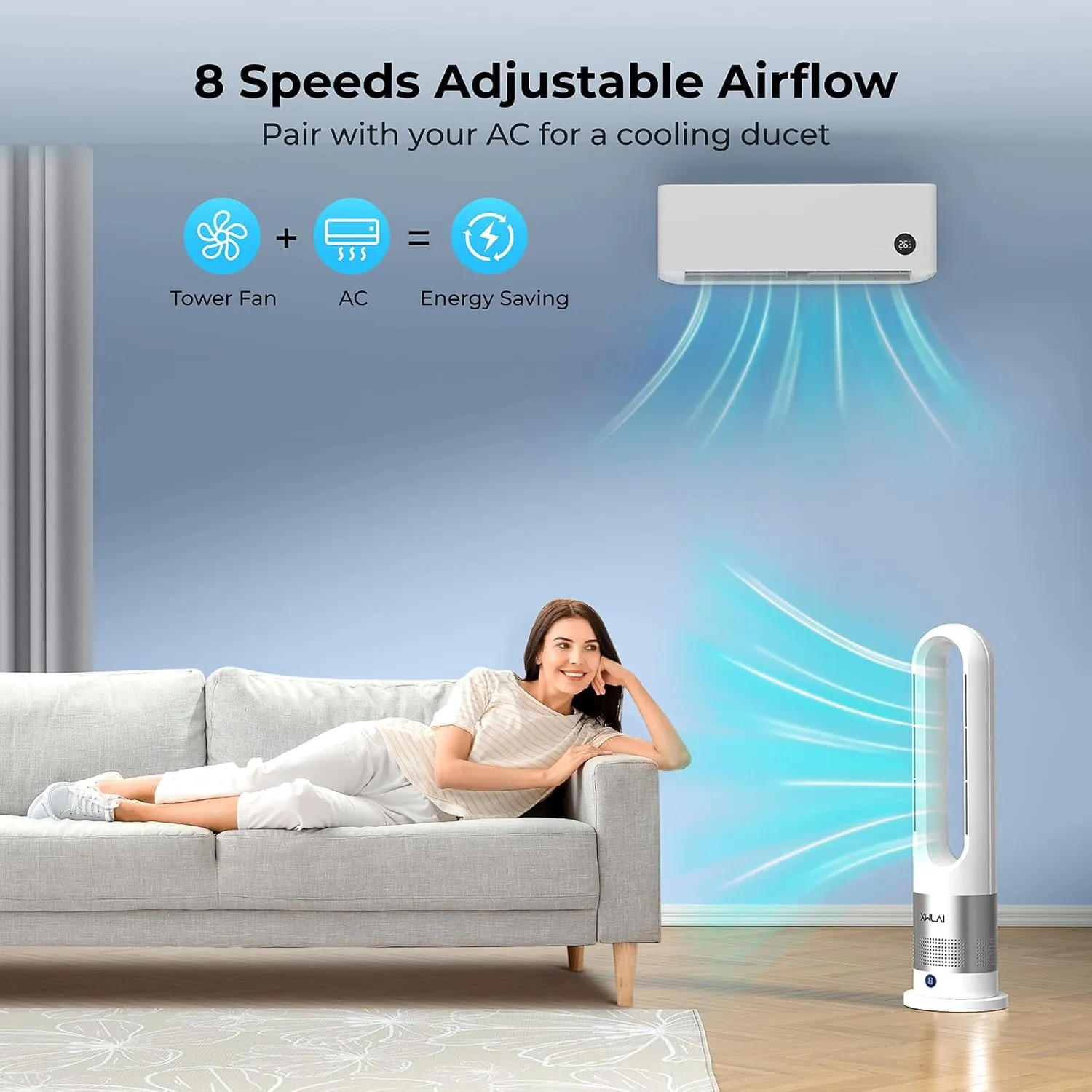 Bladeless Heater and Fan Combo, 26 inch Heater and Cooler Fan with Remote, Tip-over & Overheat Protection, 3 Speed Heating, 8 Speed Cooling, 80Oscillation, 9H Timer, Installation Free for Home Office