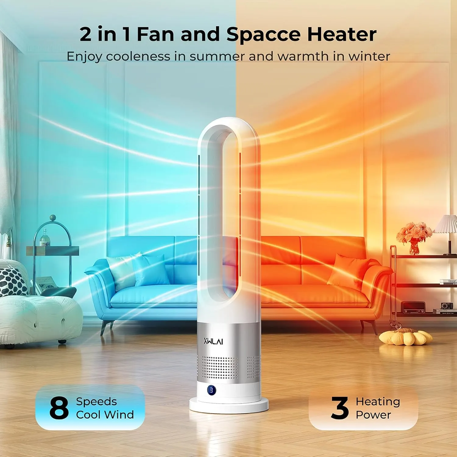 Bladeless Heater and Fan Combo, 26 inch Heater and Cooler Fan with Remote, Tip-over & Overheat Protection, 3 Speed Heating, 8 Speed Cooling, 80Oscillation, 9H Timer, Installation Free for Home Office