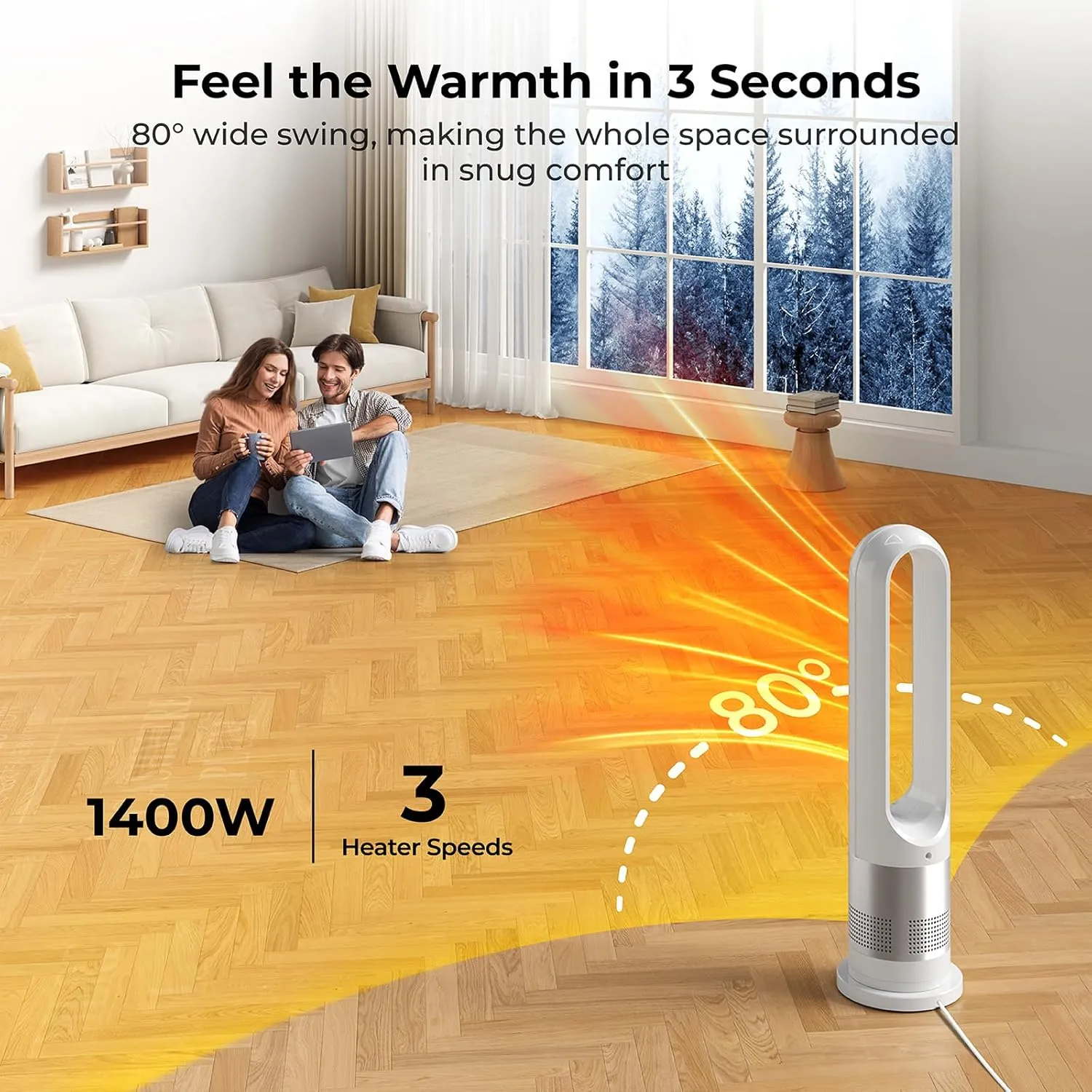 Bladeless Heater and Fan Combo, 26 inch Heater and Cooler Fan with Remote, Tip-over & Overheat Protection, 3 Speed Heating, 8 Speed Cooling, 80Oscillation, 9H Timer, Installation Free for Home Office