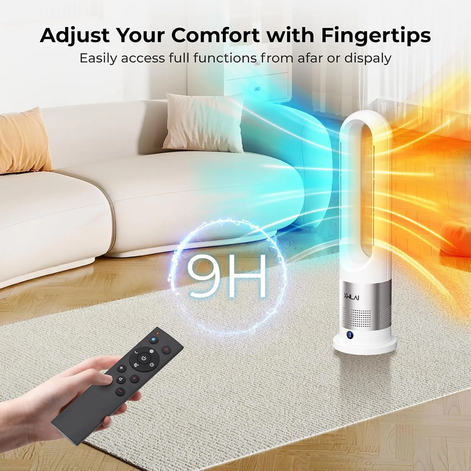 Bladeless Heater and Fan Combo, 26 inch Heater and Cooler Fan with Remote, Tip-over & Overheat Protection, 3 Speed Heating, 8 Speed Cooling, 80Oscillation, 9H Timer, Installation Free for Home Office