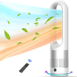 Bladeless Heater and Fan Combo, All the Season, 80 Oscillating with Remote and Touch Control, 8H Timer, 24 Inch, Floor Fan for Indoor Use, Large Room, Silver White Tower bladeless fan for modern homes