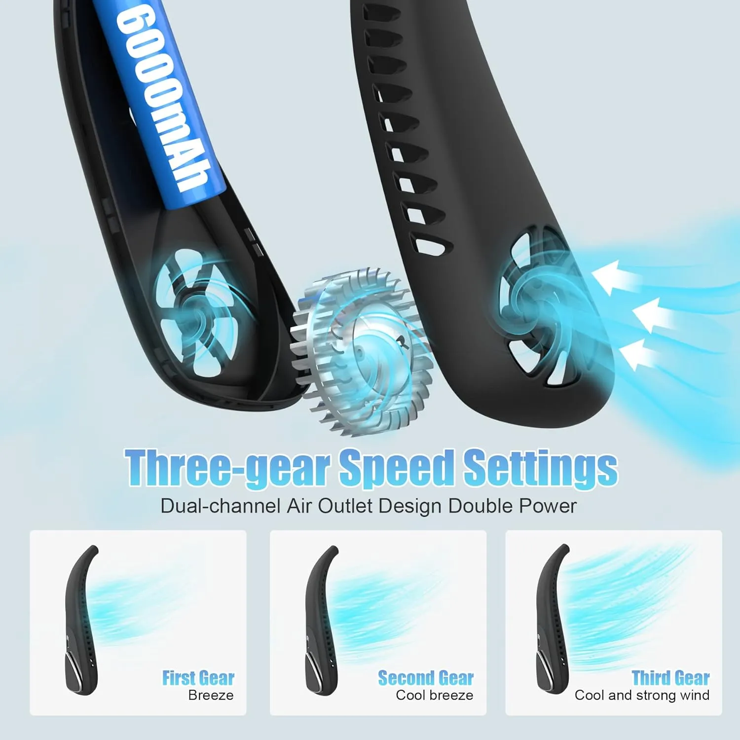 Bladeless Neck Fan - 6000mAh Portable Neck Fan with 3 Wind Speed,USB Rechargeable Personal Fan, Hands-Free Design USB Fan - Ideal for Outdoor Activities and Travel