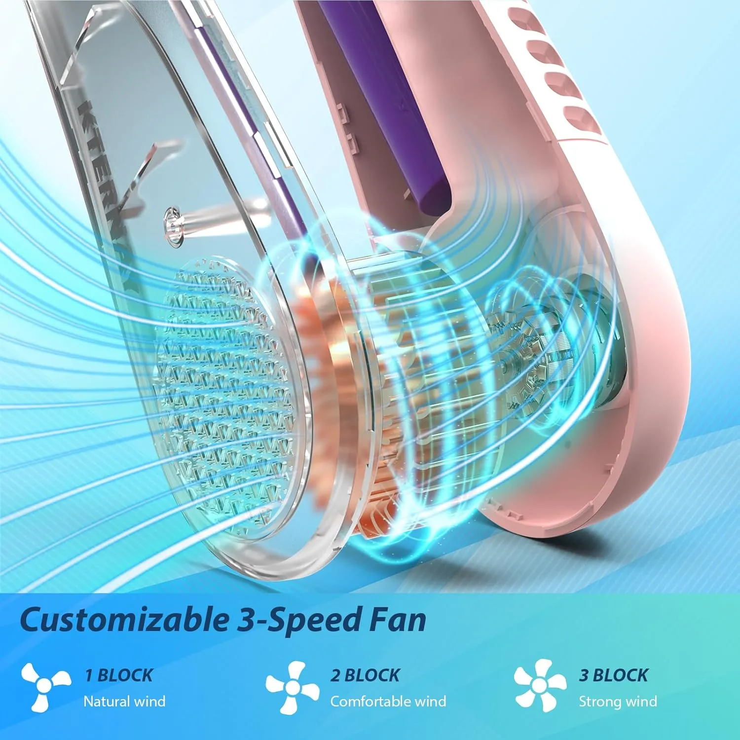 Bladeless Neck Fan with 5200mAh Battery - 3-Speed Adjustable Hands-Free Cooling Fan, USB Rechargeable & Portable Personal Fan for Travel, Outdoor, Sports, Office