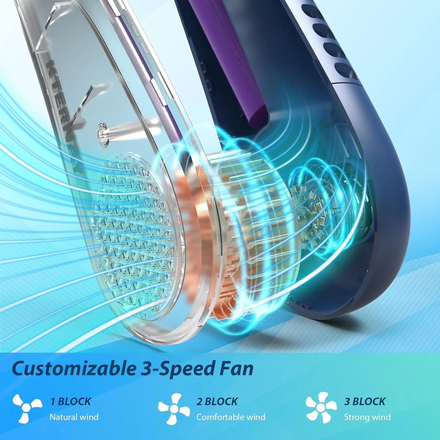 Bladeless Neck Fan with 5200mAh Battery - 3-Speed Adjustable Hands-Free Cooling Fan, USB Rechargeable & Portable Personal Fan for Travel, Outdoor, Sports, Office