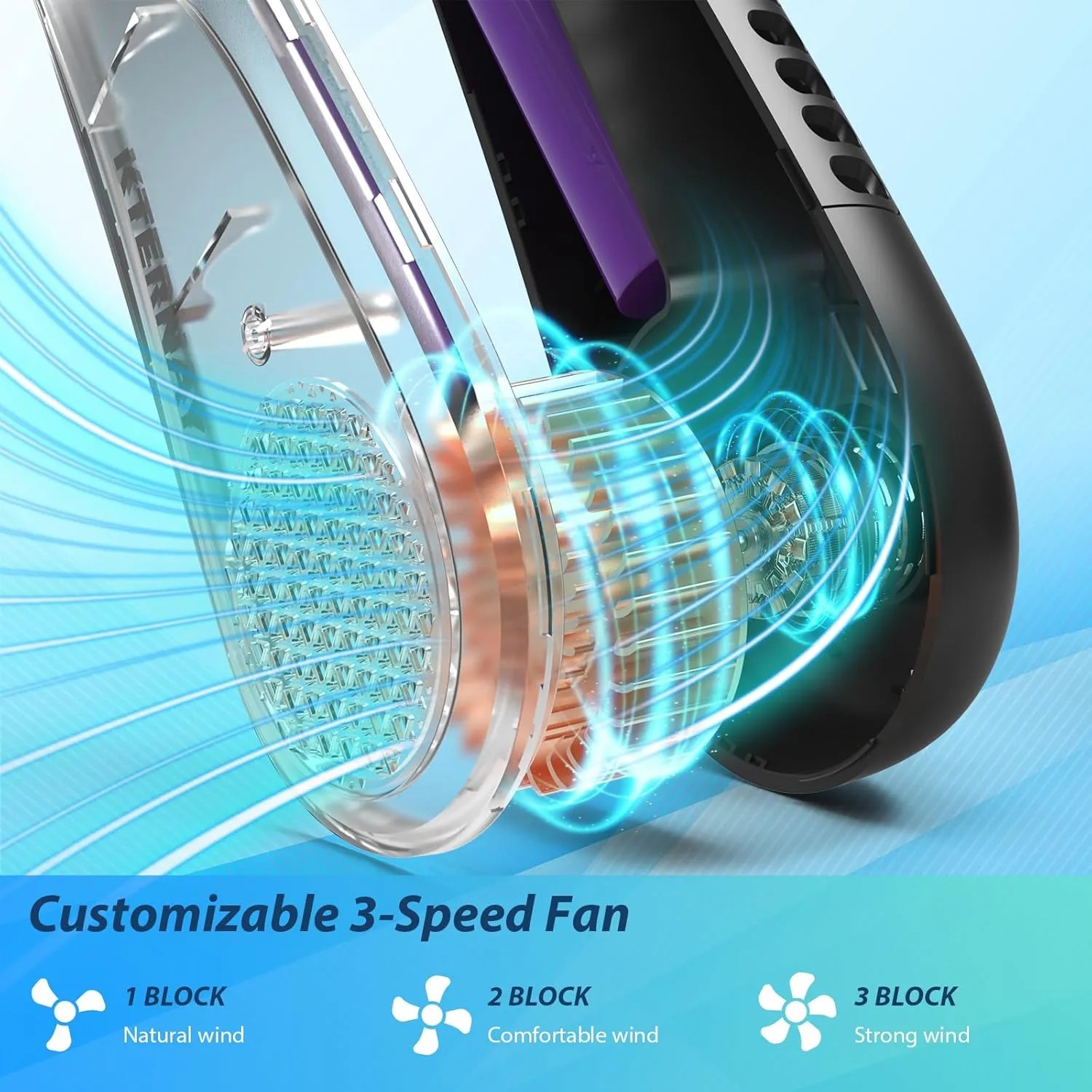Bladeless Neck Fan with 5200mAh Battery - 3-Speed Adjustable Hands-Free Cooling Fan, USB Rechargeable & Portable Personal Fan for Travel, Outdoor, Sports, Office