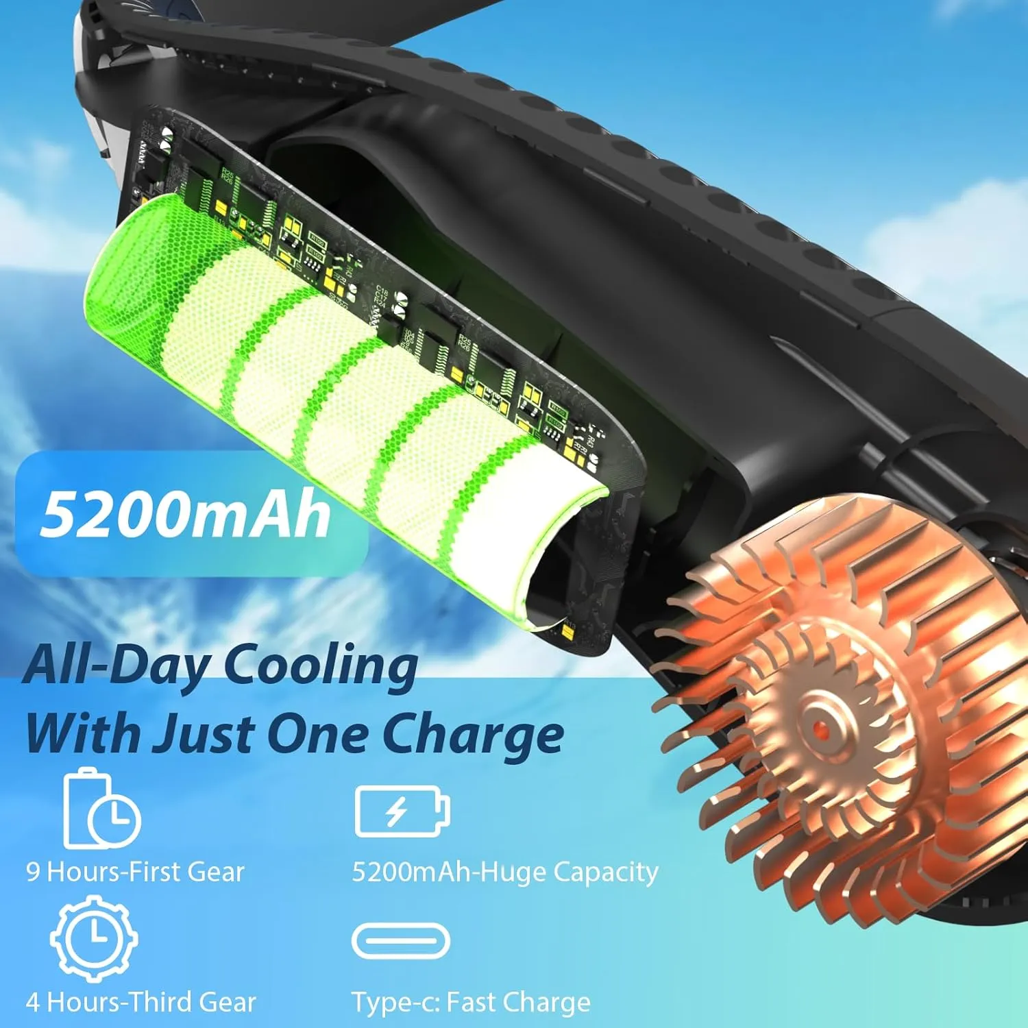 Bladeless Neck Fan with 5200mAh Battery - 3-Speed Adjustable Hands-Free Cooling Fan, USB Rechargeable & Portable Personal Fan for Travel, Outdoor, Sports, Office
