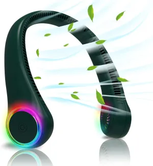 Bladeless Portable Neck Fan - Rechargeable Hands Free USB Personal Fan Battery Operated with LED lights for Home Office Travel Indoor Outdoor (Dark Green) Neck fan for hands-free comfort