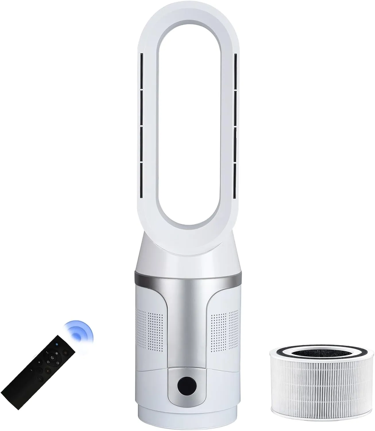 Bladeless Tower Fan and Air Purifier, True H13 HEPA Filter, 90 Oscillating Bladeless Fan with Remote and Touch control, 9H Timer, Floor Fans for Bedroom Home Office Use, Silver White Tower bladeless fan for modern homes