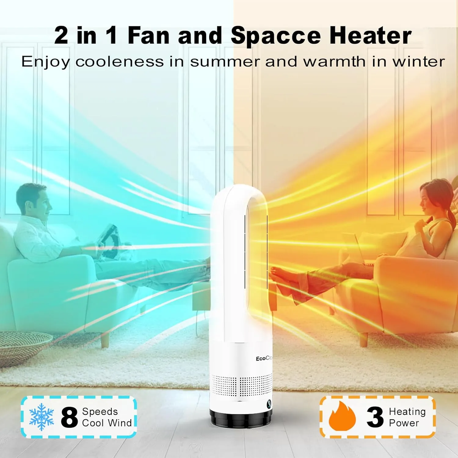 Bladeless Tower Fan for Bedroom, 22Inch 1400W Space Heater & 40W Cooler Fan Combo with Remote, Overheat & Tip-Over Protection, 80 Oscillating, 9H Timer, LED Display for Bedroom, Kitchen, Office