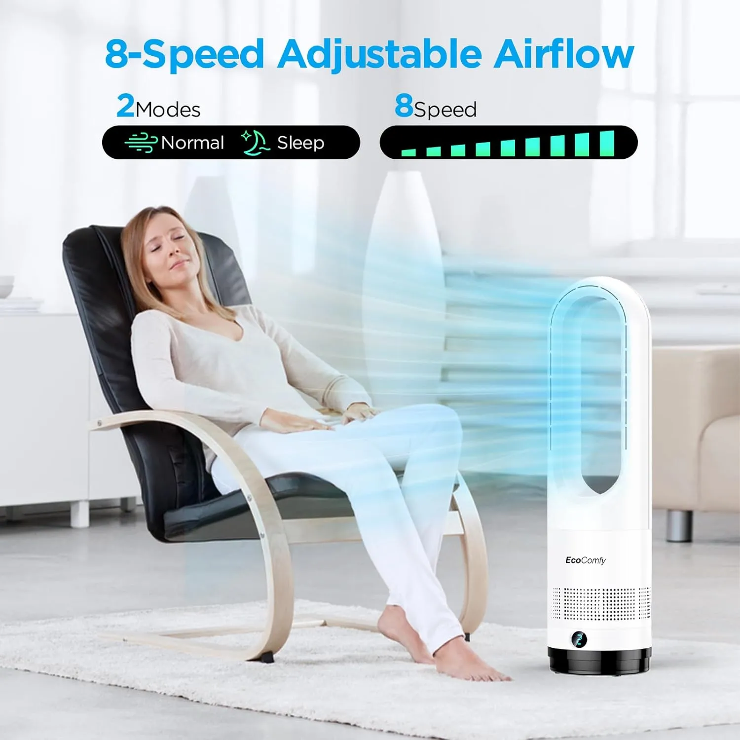 Bladeless Tower Fan for Bedroom, 22Inch Oscillating Cooling Fans with Remote, Quiet Bladeless Fan, 90 Swing, 8 Speeds, 9H Timer, LED Display for Home Office (White, 22inch Cool)