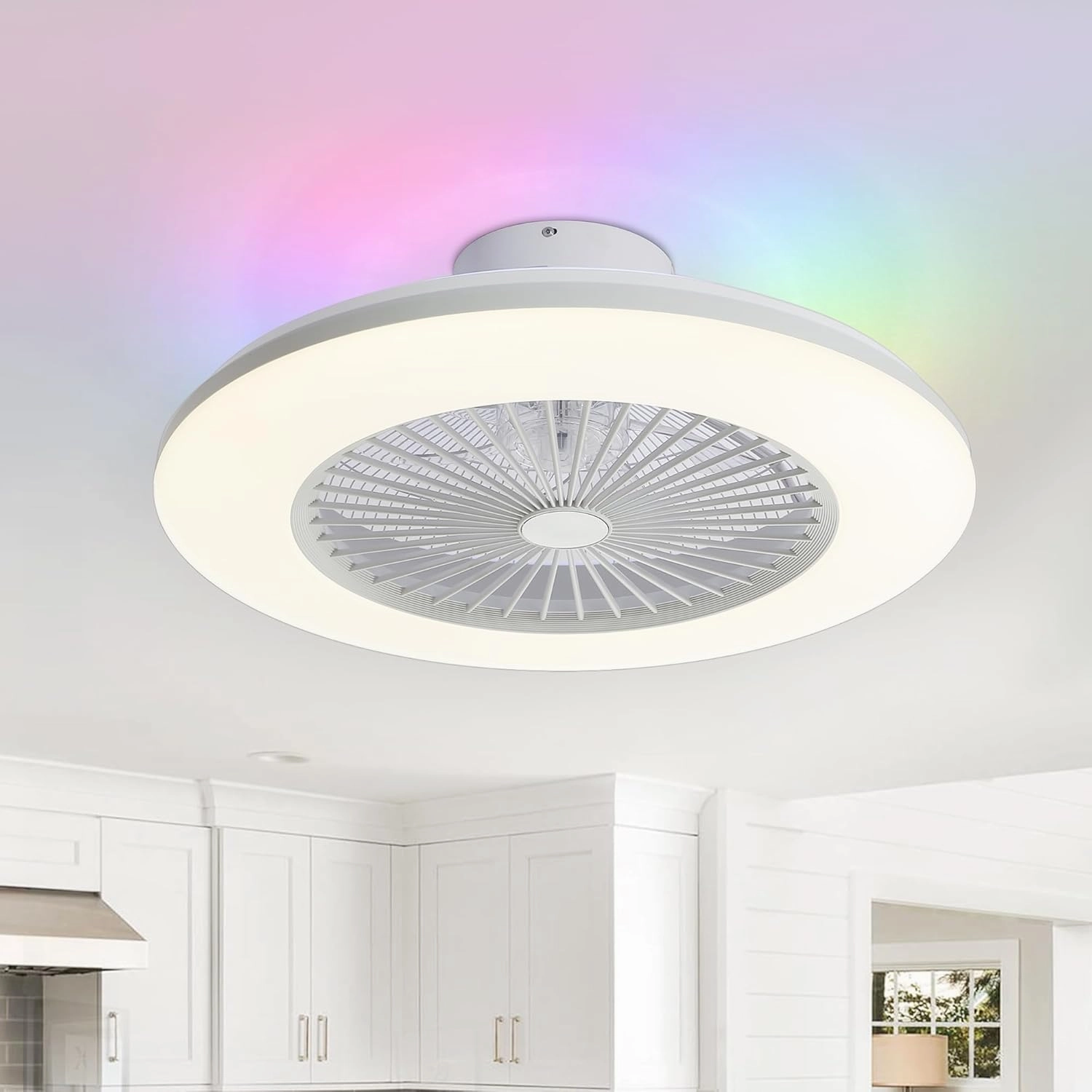 Bladeless Ceiling Fan with Light, 22 Inch Low Profile Ceiling Fan Smart RGB Ceiling Fans Fandelier Remote with Alexa/Google Assistant/APP Control, Modern Flush Mount Enclosed Chandelier App-controlled remote fan for convenience