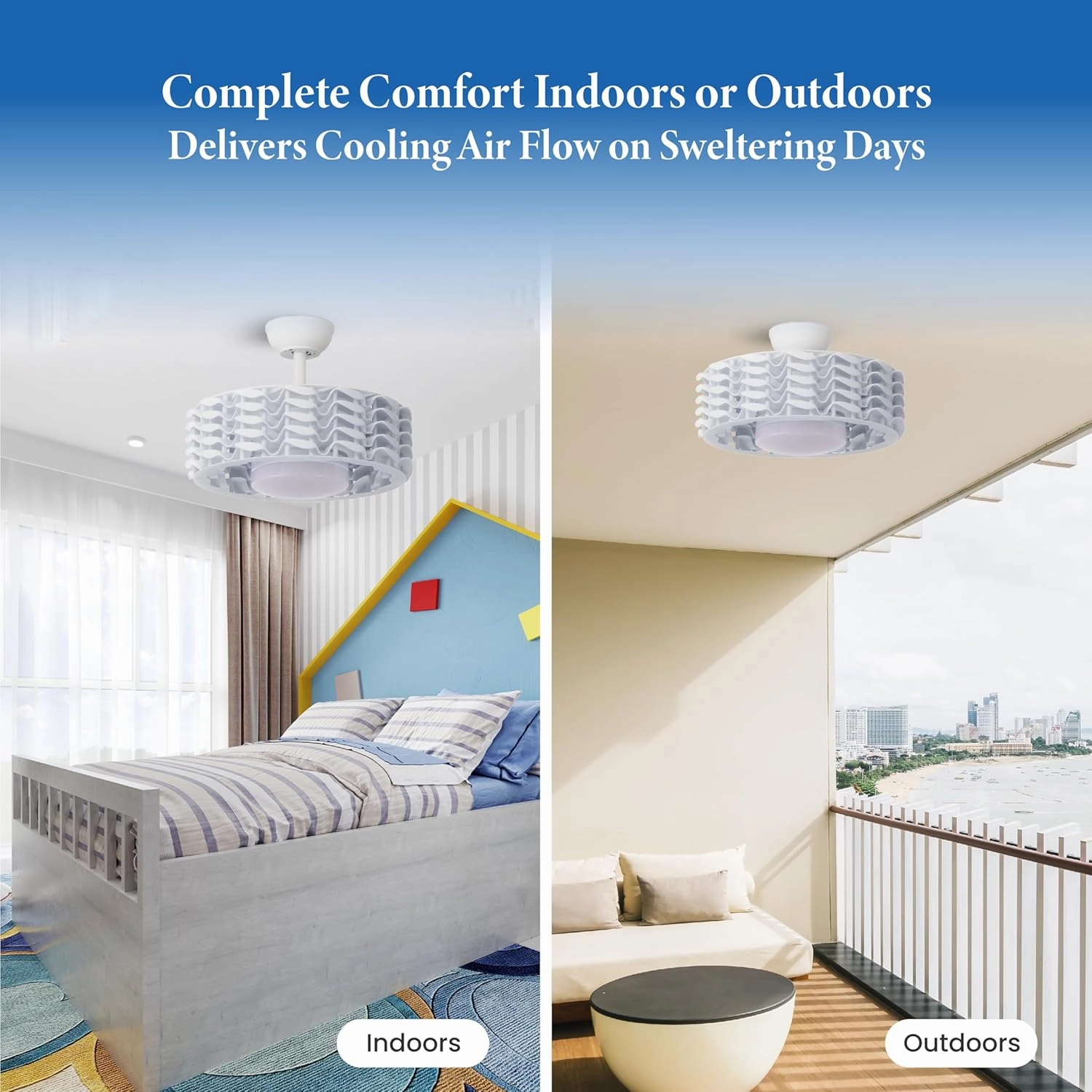 Bladeless Ceiling Fan with Lights & Remote  Oceano 23" Downrod or Flush Ceiling Fan with Lights & Remote for Kids Room& More  Low-Profile Fan, Dimmable LED, 6 Speeds, & Reverse (White)