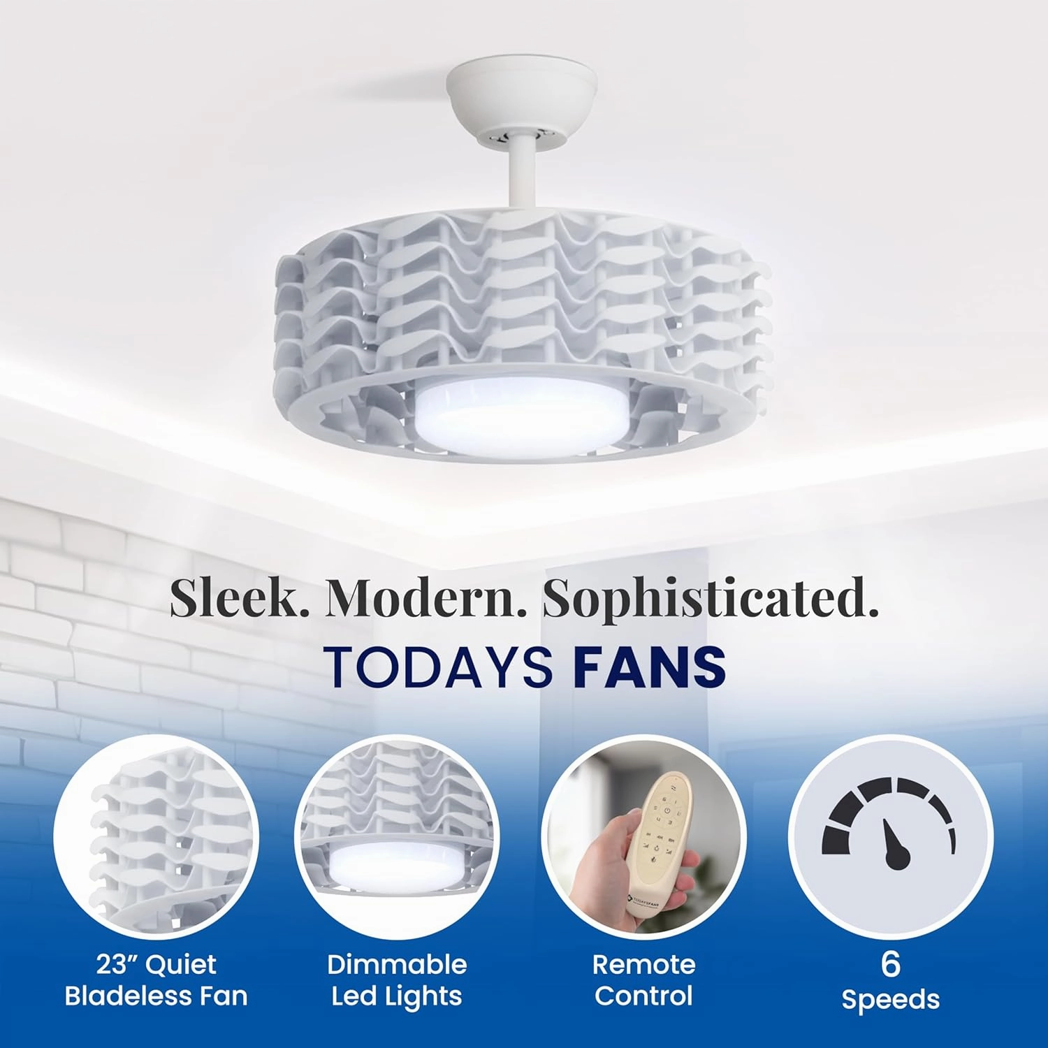 Bladeless Ceiling Fan with Lights & Remote  Oceano 23" Downrod or Flush Ceiling Fan with Lights & Remote for Kids Room& More  Low-Profile Fan, Dimmable LED, 6 Speeds, & Reverse (White)