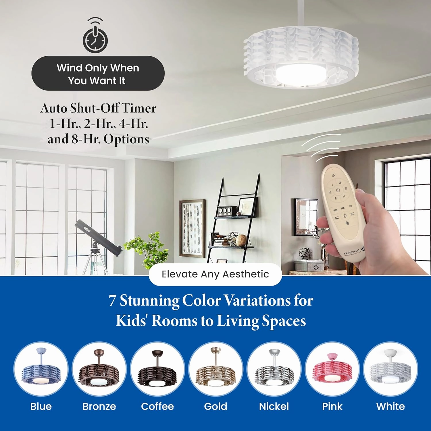 Bladeless Ceiling Fan with Lights & Remote  Oceano 23" Downrod or Flush Ceiling Fan with Lights & Remote for Kids Room& More  Low-Profile Fan, Dimmable LED, 6 Speeds, & Reverse (White)