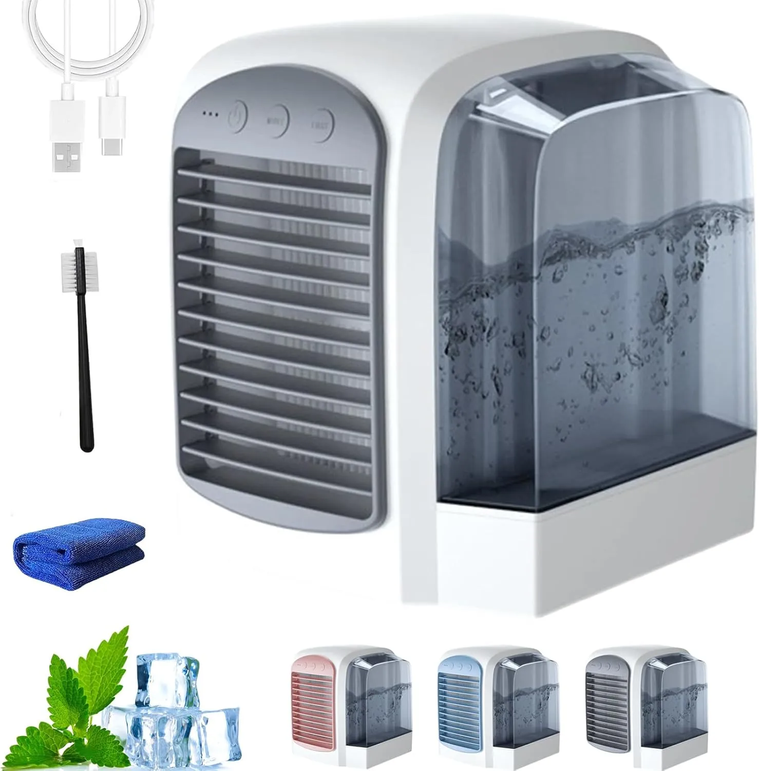 Breeze Box AC, Breeze Box Portable AC, Breeze Box Air Conditioner, 3 Speeds Air Conditioning Cooling Fan with Water Tank, Low Noise Ice Mist Technology USB Charging for Bedroom Office (Grey) Desktop fan with humidification feature