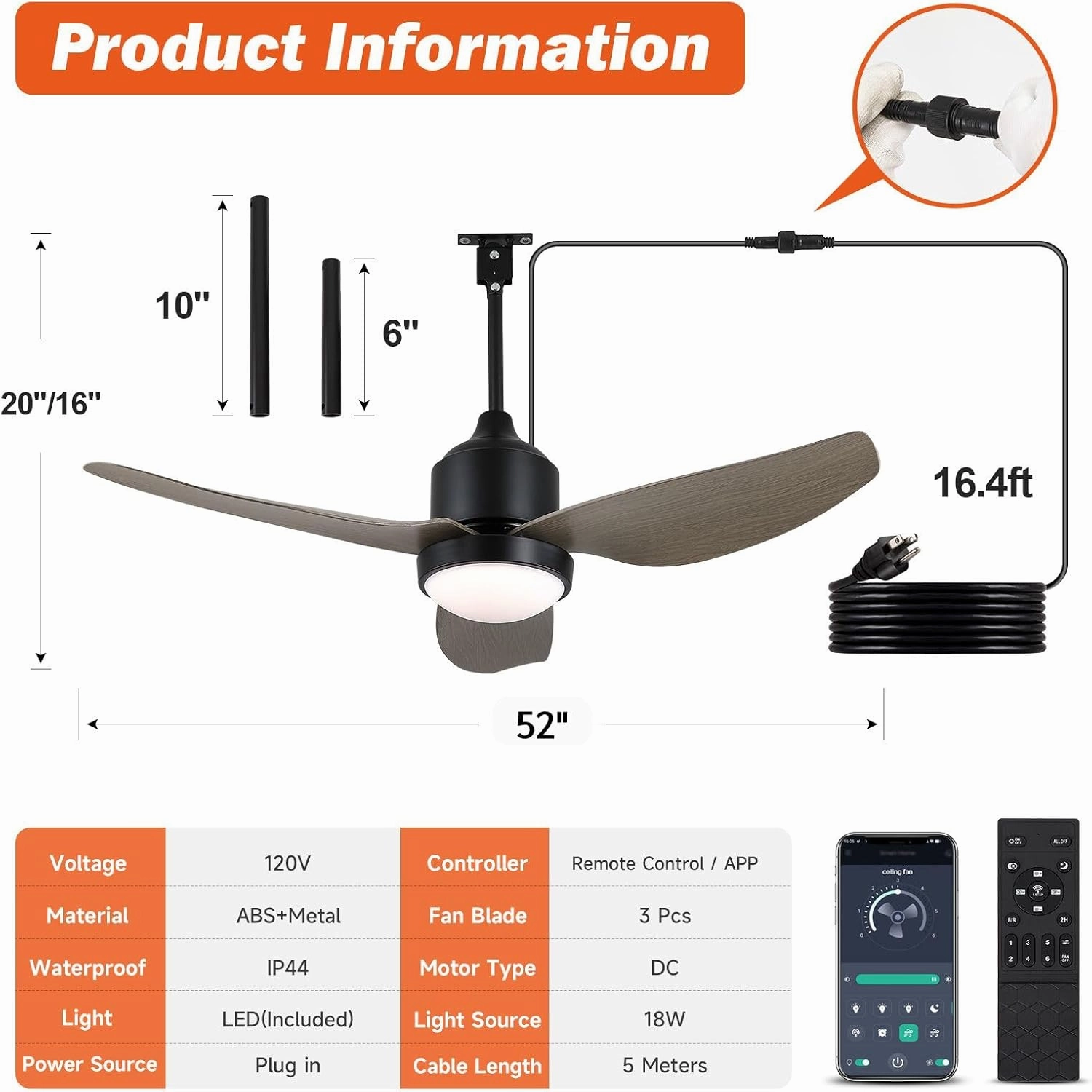 BZX Waterproof Outdoor Ceiling-Fan with Light - 52" Modern Ceiling Fans with 3 Colors LED Light, App & Remote Control, Quiet DC Motor, for Patios Gazebo
