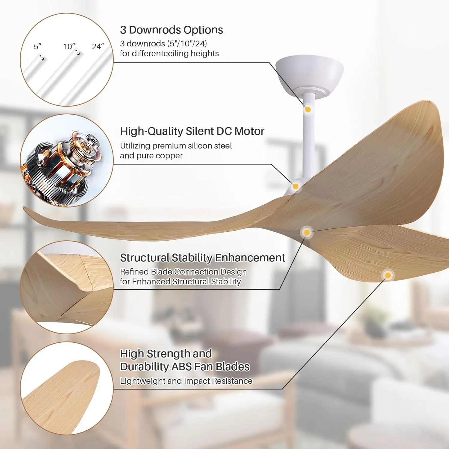 CACI Mall 52'' Ceiling Fan No Light, Modern with Remote Control, 3 Blades Noiseless Reversible Dc Motor for Living room, Bedroom No Light Beige blades 3 rods White motor