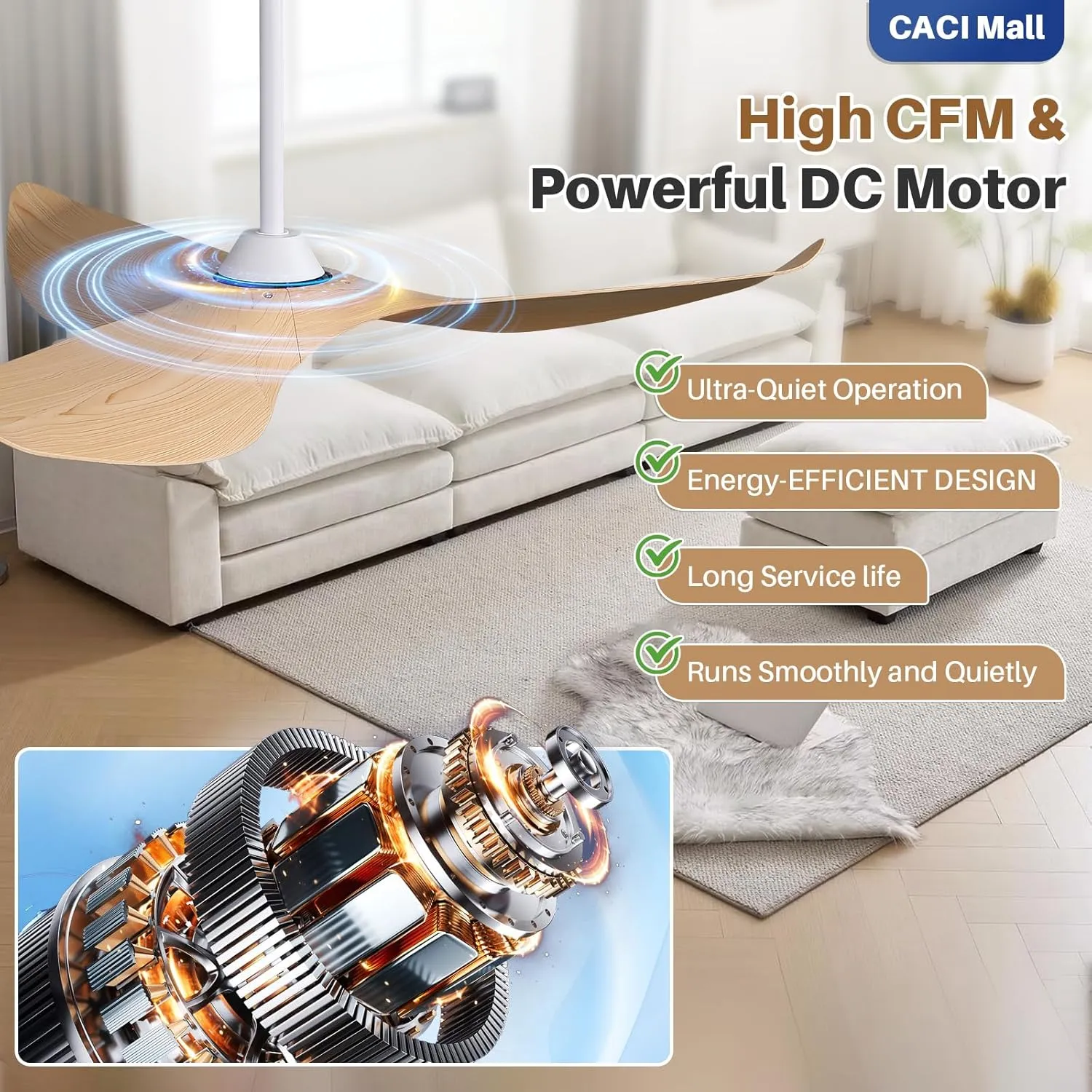 CACI Mall 52'' Ceiling Fan No Light, Modern with Remote Control, 3 Blades Noiseless Reversible Dc Motor for Living room, Bedroom No Light Beige blades 3 rods White motor