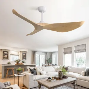 CACI Mall 52'' Ceiling Fan No Light, Modern with Remote Control, 3 Blades Noiseless Reversible Dc Motor for Living room, Bedroom No Light Beige blades 3 rods White motor Fan with safety blade design