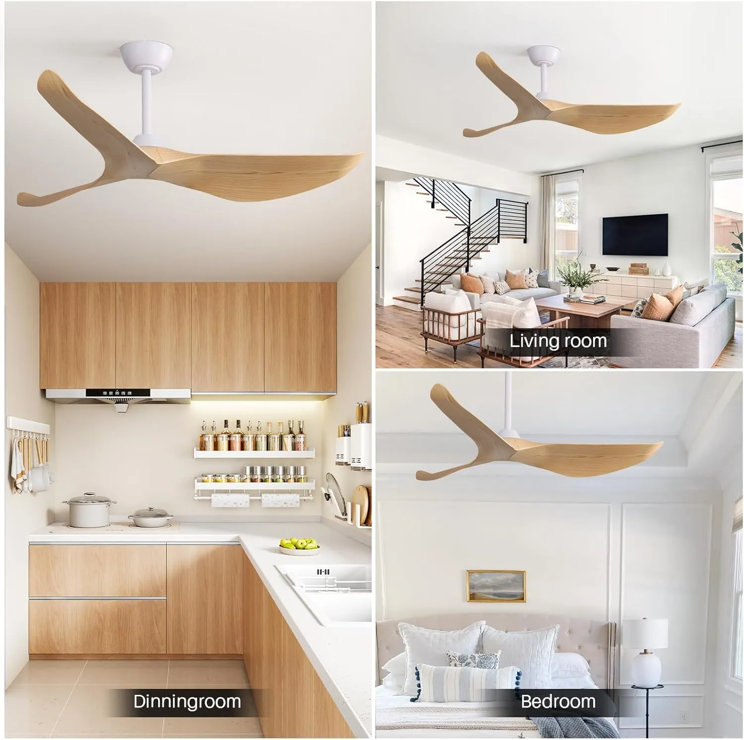 CACI Mall 52'' Ceiling Fan No Light, Modern with Remote Control, 3 Blades Noiseless Reversible Dc Motor for Living room, Bedroom No Light Beige blades 3 rods White motor