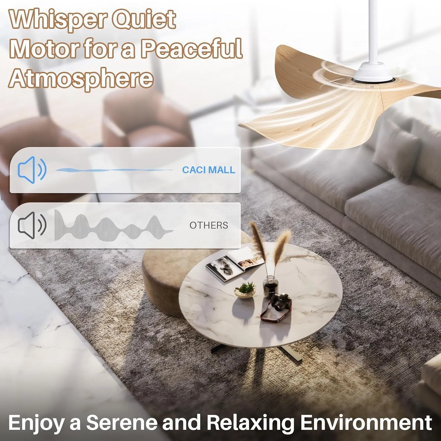 CACI Mall 52'' Ceiling Fan No Light, Modern with Remote Control, 3 Blades Noiseless Reversible Dc Motor for Living room, Bedroom No Light Beige blades 3 rods White motor